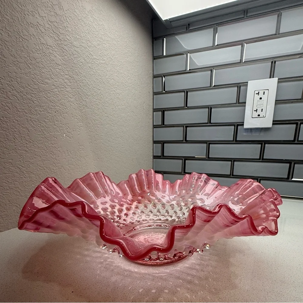 Vintage Bride's Basket Fenton Pink Hobnail Ruffled Bowl with Metal Holder